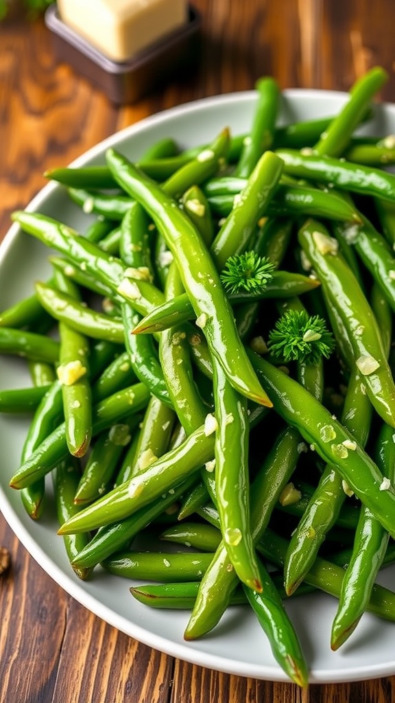 Sautéed green beans in garlic butter garnished with parsley on a rustic wooden table.
